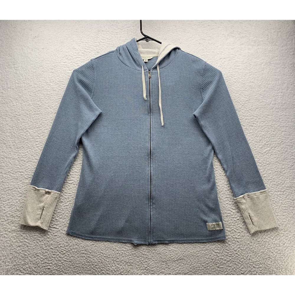 Frye‎ & Co Thermal Jacket Womens Medium HoodedWaffle Knit Thumbholes Blue White